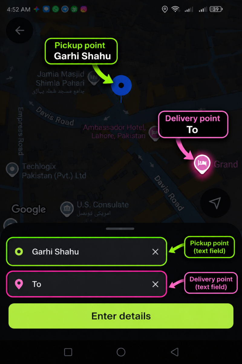 inDrive route form showing pickup and delivery fields