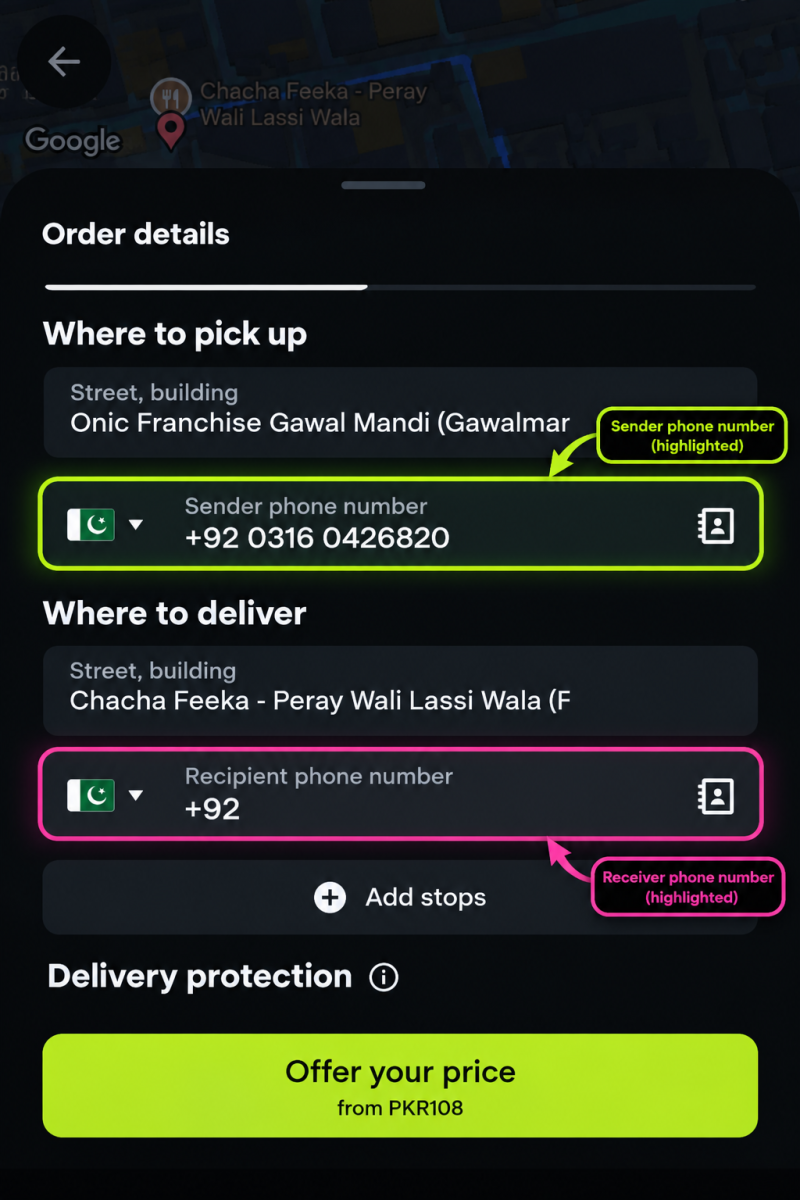 Order details form with sender and recipient phone fields