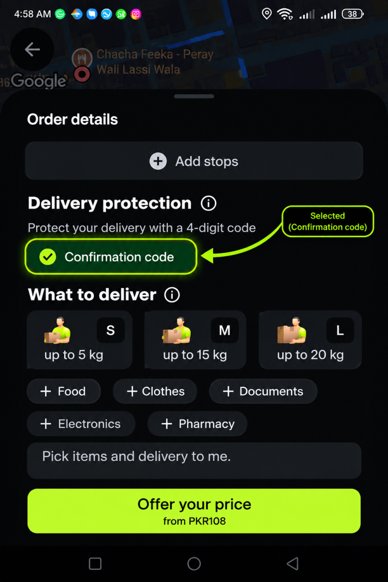 Confirmation code option selected